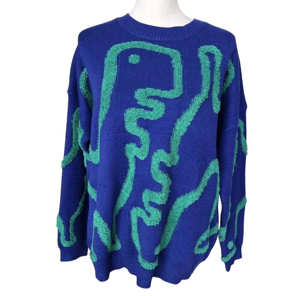 Whimsical Threaded Leaf Dinosaur Oversized Baggy Abstract Knit Sweater Size XS